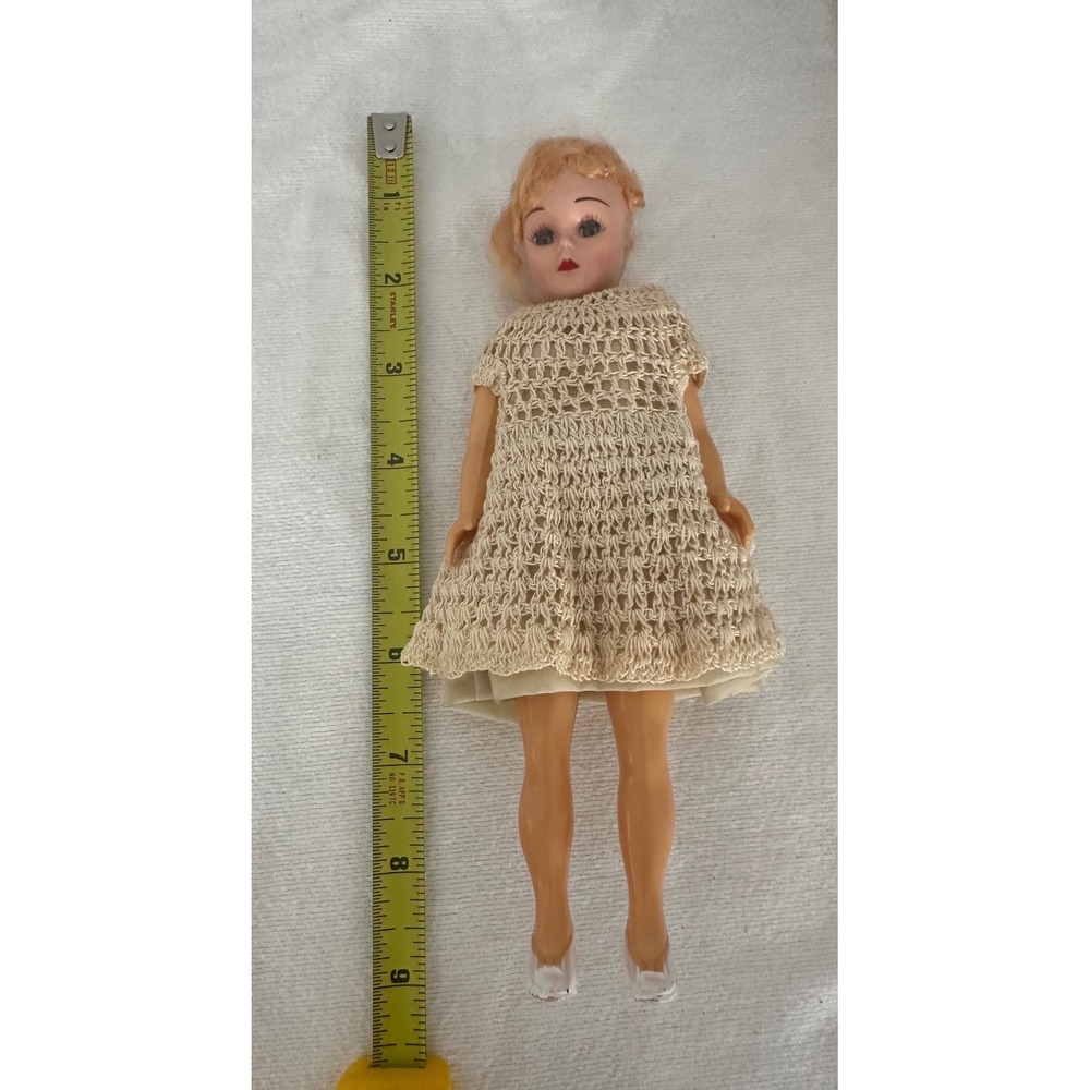 Vintage Doll Blue Eyes Crochet Dress 8 inch Collectible Toy‎